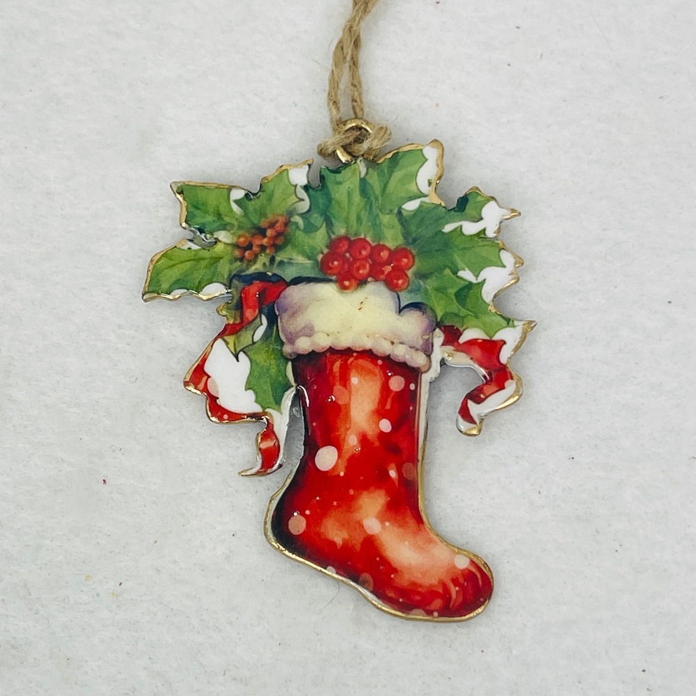 Unbranded Christmas Stocking Ornament Red Green Holly Enamel Gold Tone Excellent